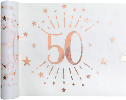 Santex Tafelloper op rol - 50 jaar verjaardag - wit/rose goud - 30 x 500 cm - polyester