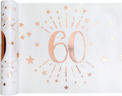 Santex Tafelloper op rol - 60 jaar verjaardag - wit/rose goud - 30 x 500 cm - polyester