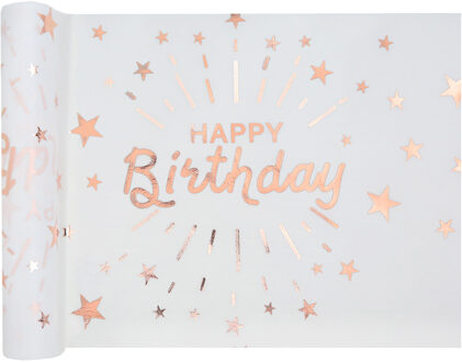Santex Tafelloper op rol - Happy birthday tekst - wit/rose goud - 30 x 500 cm - polyester