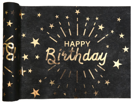 Santex Tafelloper op rol - Happy birthday tekst - zwart/goud - 30 x 500 cm - polyester