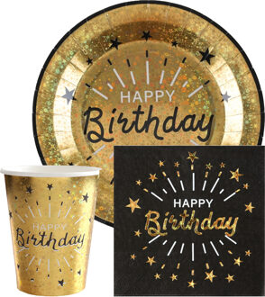 Santex Verjaardag feest bekertjes/bordjes en servetten happy birthday - 30x - goud - Feestpakketten