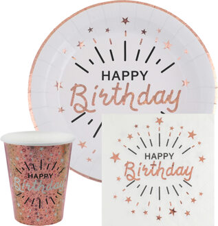 Santex Verjaardag feest bekertjes/bordjes en servetten happy birthday - 30x - rose goud - Feestpakketten