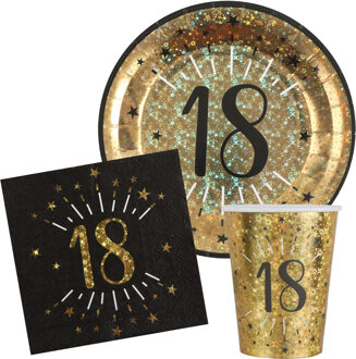 Santex Verjaardag feest bekertjes/bordjes en servetten leeftijd - 30x - 18 jaar - goud - Feestpakketten