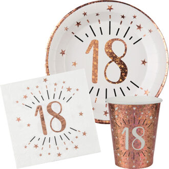 Santex Verjaardag feest bekertjes/bordjes en servetten leeftijd - 30x - 18 jaar - rose goud - Feestpakketten