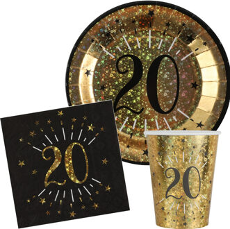 Santex Verjaardag feest bekertjes/bordjes en servetten leeftijd - 30x - 20 jaar - goud - Feestpakketten