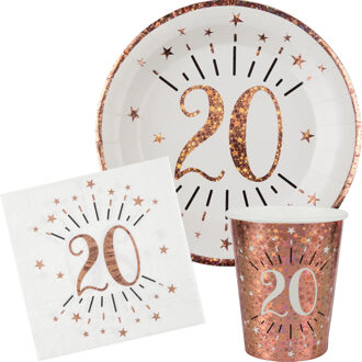 Santex Verjaardag feest bekertjes/bordjes en servetten leeftijd - 30x - 20 jaar - rose goud - Feestpakketten