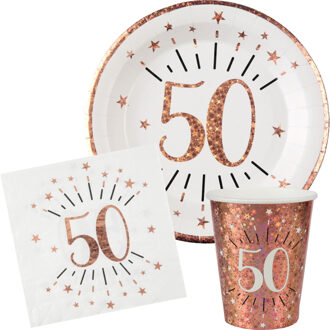 Santex Verjaardag feest bekertjes/bordjes en servetten leeftijd - 30x - 50 jaar - rose goud - Feestpakketten
