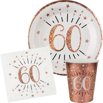 Santex Verjaardag feest bekertjes/bordjes en servetten leeftijd - 30x - 60 jaar - rose goud - Feestpakketten