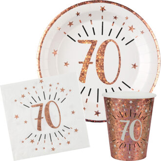 Santex Verjaardag feest bekertjes/bordjes en servetten leeftijd - 30x - 70 jaar - rose goud - Feestpakketten