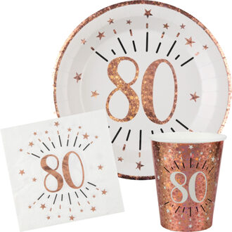 Santex Verjaardag feest bekertjes/bordjes en servetten leeftijd - 30x - 80 jaar - rose goud - Feestpakketten