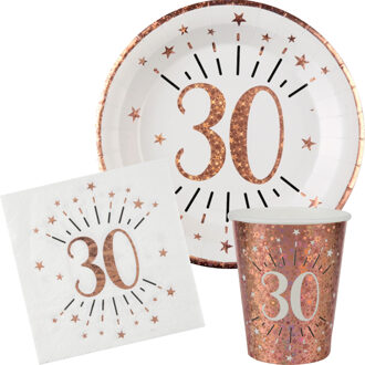Santex Verjaardag feest bekertjes/bordjes en servetten leeftijd - 60x - 30 jaar - rose goud