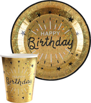 Santex Verjaardag feest bekertjes/bordjes happy birthday - 20x - goud - karton - Feestpakketten