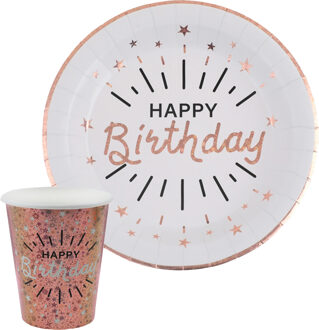 Santex Verjaardag feest bekertjes/bordjes happy birthday - 20x - rose goud - karton - Feestpakketten