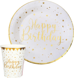 Santex Verjaardag feest bekertjes en bordjes - happy birthday - 20x - wit - karton - Feestpakketten