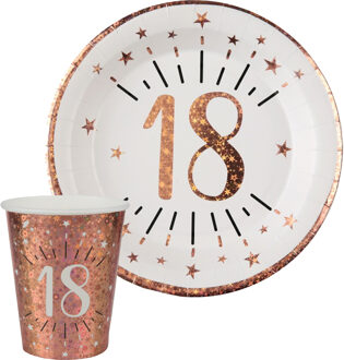 Santex Verjaardag feest bekertjes en bordjes leeftijd - 20x - 18 jaar - rose goud - karton - Feestpakketten