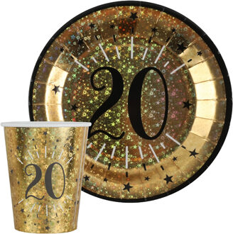 Santex Verjaardag feest bekertjes en bordjes leeftijd - 20x - 20 jaar - goud - karton - Feestpakketten