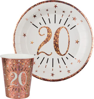 Santex Verjaardag feest bekertjes en bordjes leeftijd - 20x - 20 jaar - rose goud - karton - Feestpakketten