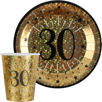 Santex Verjaardag feest bekertjes en bordjes leeftijd - 20x - 30 jaar - goud - karton - Feestpakketten