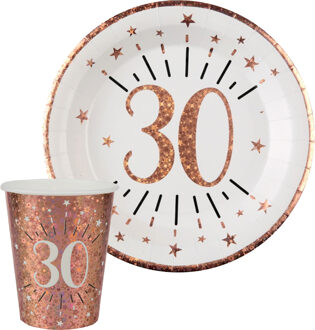 Santex Verjaardag feest bekertjes en bordjes leeftijd - 20x - 30 jaar - rose goud - karton - Feestpakketten