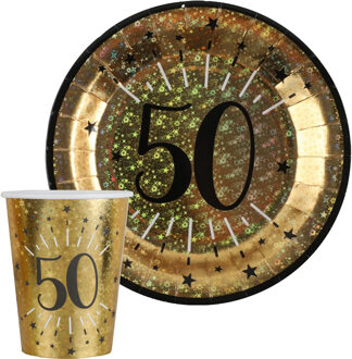 Santex Verjaardag feest bekertjes en bordjes leeftijd - 20x - 50 jaar - goud - karton - Feestpakketten