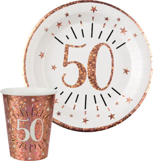 Santex Verjaardag feest bekertjes en bordjes leeftijd - 20x - 50 jaar - rose goud - karton - Feestpakketten