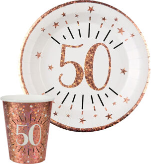 Santex Verjaardag feest bekertjes en bordjes leeftijd - 20x - 50 jaar - rose goud - karton - Feestpakketten
