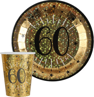 Santex Verjaardag feest bekertjes en bordjes leeftijd - 20x - 60 jaar - goud - karton - Feestpakketten