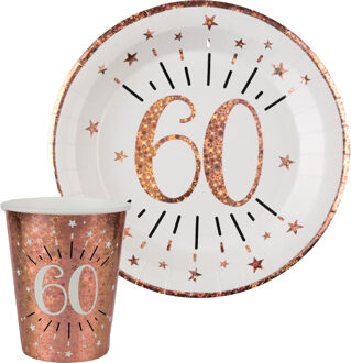 Santex Verjaardag feest bekertjes en bordjes leeftijd - 20x - 60 jaar - rose goud - karton - Feestpakketten