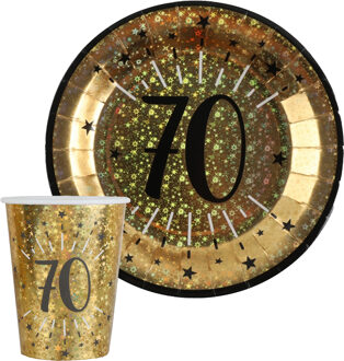 Santex Verjaardag feest bekertjes en bordjes leeftijd - 20x - 70 jaar - goud - karton - Feestpakketten