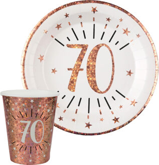 Santex Verjaardag feest bekertjes en bordjes leeftijd - 20x - 70 jaar - rose goud - karton - Feestpakketten