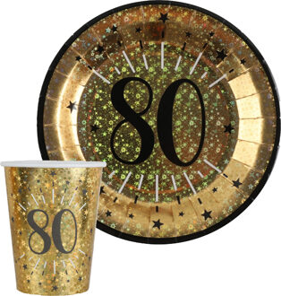 Santex Verjaardag feest bekertjes en bordjes leeftijd - 20x - 80 jaar - goud - karton - Feestpakketten