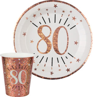 Santex Verjaardag feest bekertjes en bordjes leeftijd - 20x - 80 jaar - rose goud - karton - Feestpakketten