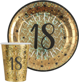 Santex Verjaardag feest bekertjes en bordjes leeftijd - 40x - 18 jaar - goud - karton