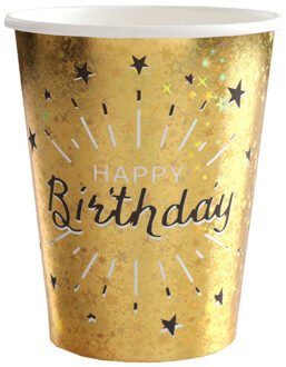 Santex Verjaardag feest bekertjes happy birthday - 10x - goud - karton - 270 ml - Feestbekertjes Goudkleurig