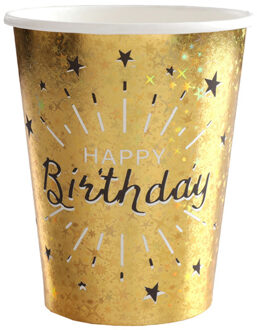 Santex Verjaardag feest bekertjes happy birthday - 10x - goud - karton - 270 ml Goudkleurig