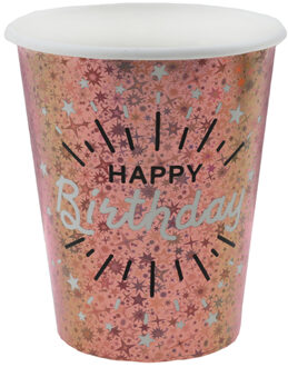 Santex Verjaardag feest bekertjes happy birthday - 10x - rose goud - karton - 270 ml - Feestbekertjes Goudkleurig