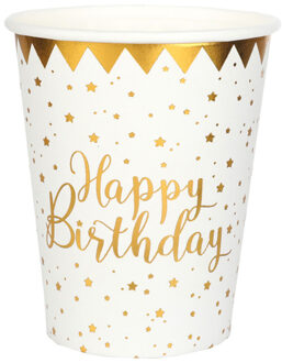 Santex Verjaardag feest bekertjes happy birthday - 10x - wit - karton - 270 ml - Feestbekertjes