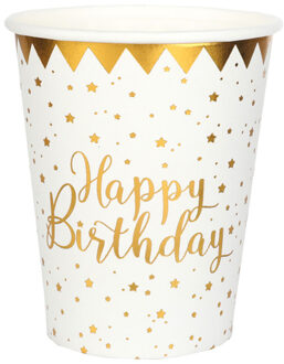 Santex Verjaardag feest bekertjes happy birthday - 10x - wit - karton - 270 ml