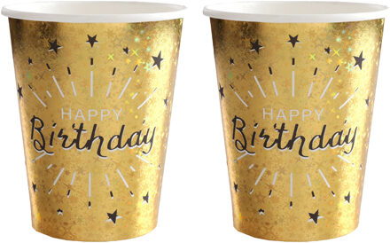 Santex Verjaardag feest bekertjes happy birthday - 20x - goud - karton - 270 ml - Feestbekertjes Goudkleurig