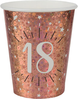 Santex Verjaardag feest bekertjes leeftijd - 10x - 18 jaar - rose goud - karton - 270 ml