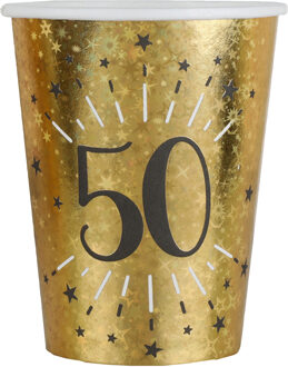 Santex Verjaardag feest bekertjes leeftijd - 10x - 50 jaar - goud - karton - 270 ml