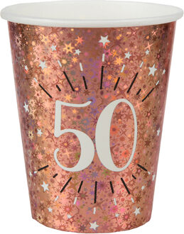 Santex Verjaardag feest bekertjes leeftijd - 10x - 50 jaar - rose goud - karton - 270 ml