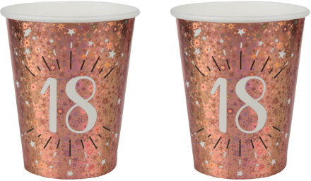 Santex Verjaardag feest bekertjes leeftijd - 20x - 18 jaar - rose goud - karton - 270 ml