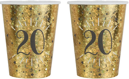 Santex Verjaardag feest bekertjes leeftijd - 20x - 20 jaar - goud - karton - 270 ml