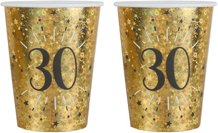 Santex Verjaardag feest bekertjes leeftijd - 20x - 30 jaar - goud - karton - 270 ml - Feestbekertjes Goudkleurig