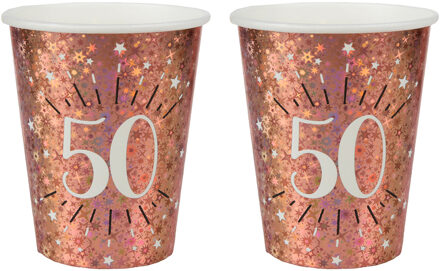 Santex Verjaardag feest bekertjes leeftijd - 20x - 50 jaar - rose goud - karton - 270 ml