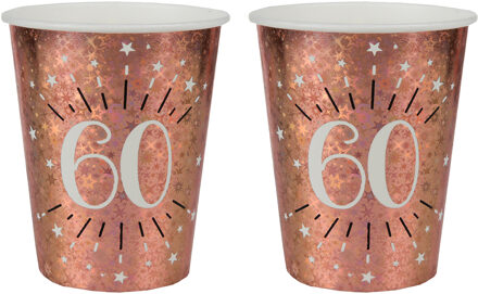 Santex Verjaardag feest bekertjes leeftijd - 20x - 60 jaar - rose goud - karton - 270 ml