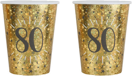 Santex Verjaardag feest bekertjes leeftijd - 20x - 80 jaar - goud - karton - 270 ml