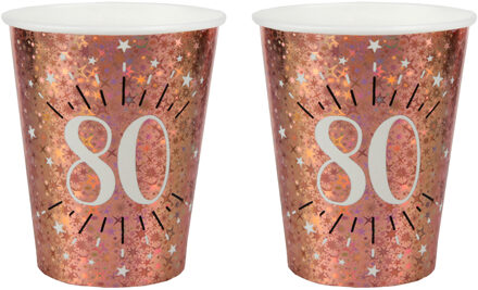 Santex Verjaardag feest bekertjes leeftijd - 20x - 80 jaar - rose goud - karton - 270 ml