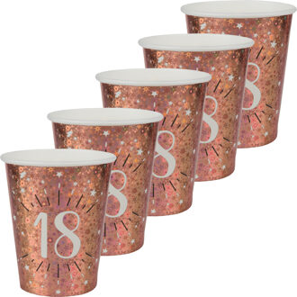 Santex Verjaardag feest bekertjes leeftijd - 50x - 18 jaar - rose goud - karton - 270 ml